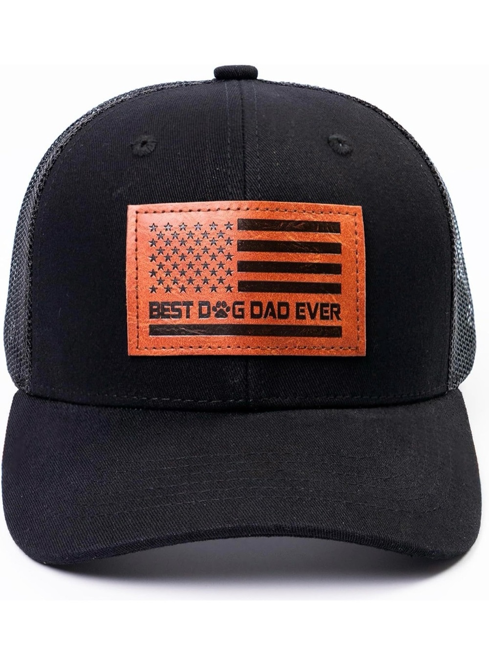 Black Trucker Hat with Brown Leather Patch - "Best Dog Dad Ever"